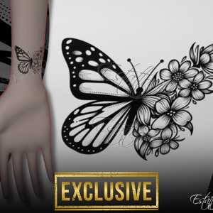 Halbblumen-Schmetterlings-Tattoo-Design – Florales Schmetterlings-Tattoo – Einfaches Schmetterlings-Tattoo mit Blumen – Tattoos für Frauen
