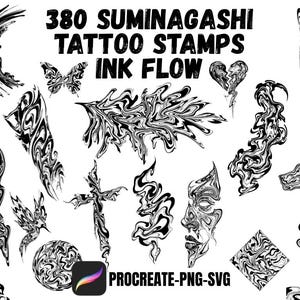 380 tampons de tatouage Procreate Suminagashi | Flux d'encre | Style liquide | Marbrure japonaise | Tatouages ornementaux abstraits