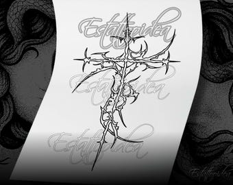 Puede incluir: Ilustración en blanco y negro de una cruz estilizada con elementos afilados en forma de espinas. El diseño está sobre un fondo blanco con la palabra "Estallopidea" en cursiva. El fondo presenta un diseño oscuro y texturizado.