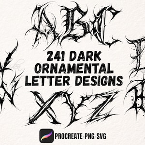 Puede incluir: Una colección de 241 diseños de letras ornamentales oscuras con tipografía de tinta negra afilada, puntiaguda e intrincada. La imagen muestra las letras A, B, C, D, E, V, W, X, Y y Z, con el texto 241 DARK ORNAMENTAL LETTER DESIGNS y PROCREATE-PNG-SVG.