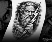 Tatuaje de Zeus | Diseño de tatuaje de Zeus | Tatuajes dioses griegos | Tatuajes mitológicos | Tatuaje media manga | Tatuajes para hombres