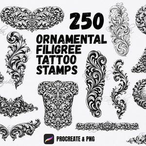 May include: A collection of 250 ornamental filigree tattoo stamps in black and white. The image features various designs, including floral patterns, swirls, and geometric shapes. The text "ORNAMENTAL FILIGREE TATTOO STAMPS" is displayed prominently.