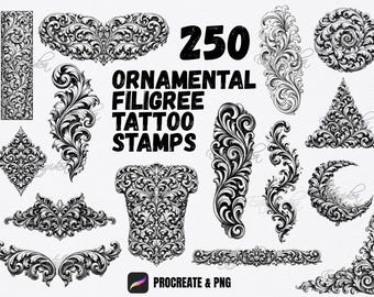 Ornamental Filigree Tattoo Stamps Procreate | 250 Scrollwork Tattoo Designs | Baroque Stencil Pack