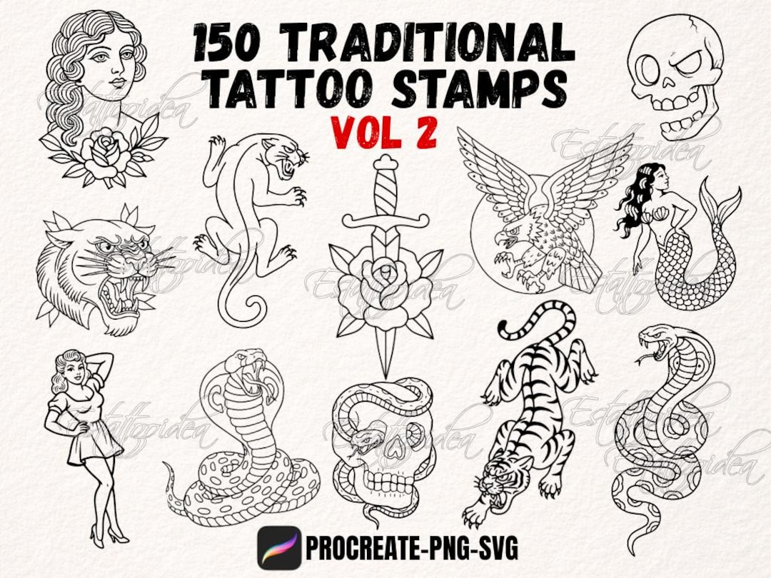 Traditional Tattoo Flash Procreate Stamps | 150 Old School Traditional ...