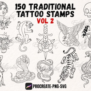 May include: A collection of 150 traditional tattoo stamp designs in black and white. The designs include a woman's face, a skull, a tiger, a panther, a mermaid, a snake, a dagger through a rose, an eagle, and a pin-up girl. The text "150 Traditional Tattoo Stamps Vol 2" is displayed.