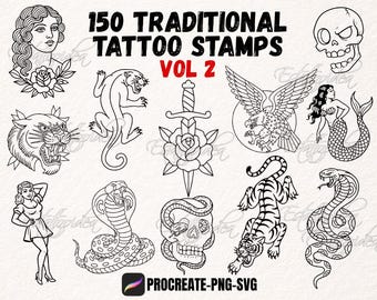 Traditional Tattoo Flash Procreate Stamps | 150 Old School Traditional Designs | Flash Pack