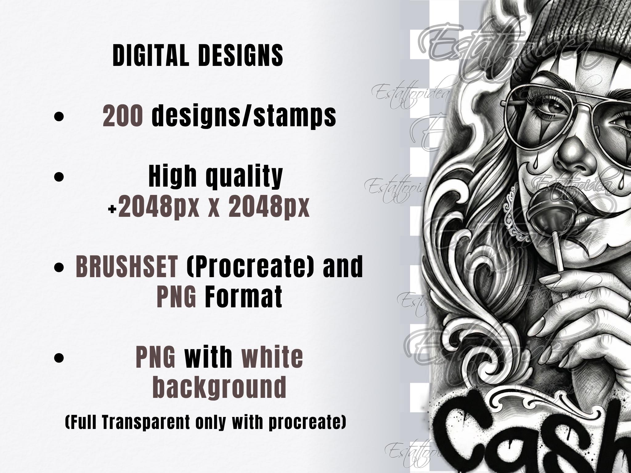 200 Chicano Tattoo Procreate Stamps | Flash Stencil Pack | Procreate ...