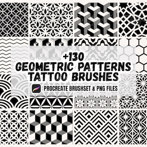Könnte beinhalten: Eine Sammlung von 130 schwarz-weißen geometrischen Mustern für Tattoo-Pinsel, darunter Sechsecke, Würfel, Wellen und Sterne. Der Text lautet +130 GEOMETRIC PATTERNS TATTOO BRUSHES und PROCREATE BRUSHSET & PNG FILES.