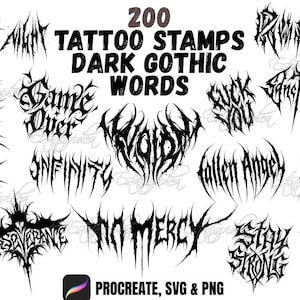 Puede incluir: Una colección de 200 sellos de tatuajes góticos oscuros en negro, con varias palabras y frases. La imagen incluye el texto "Tattoo Stamps Dark Gothic Words" y "Procreate, SVG & PNG."