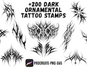 226 Pinceles Procreate Dark Ornamental tattoos | Sellos Blackwork Brutal | Flash Gótico Punzante | Plantillas Neo Tribal y Herramientas