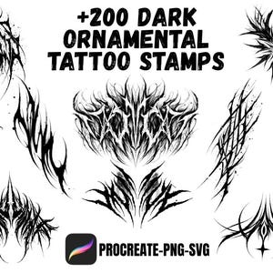226 Procreate-Pinsel für dunkle Ornament-Tattoos | Brutale Blackwork-Stempel | Stechender Gothic-Flash | Neo-Tribal-Schablonen und -Werkzeuge