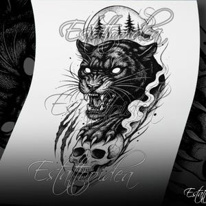 May include: Black and white illustration of a snarling panther with glowing eyes, a skull, and a moon with trees behind it. The image is in a stylized, graphic style.