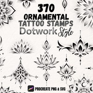 Pode incluir: Uma coleção de 370 carimbos de tatuagem ornamentais em estilo dotwork, com designs gráficos em preto e branco de mandalas, flores de lótus e elementos celestiais. O texto 370 ORNAMENTAL TATTOO STAMPS Dotwork Style e PROCREATE PNG & SVG é visível.