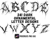 241 Pinceles Procreate de Letras Tatuajes Dark Ornamentales | Sellos Alfabeto Blackwork | Lettering Gótico | Plantillas Neo Tribal
