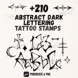 210 Procreate-stempels Abstracte letters Tattoos | Donkere alfabet-sjablonen | Grunge-letters Initialen Vingers