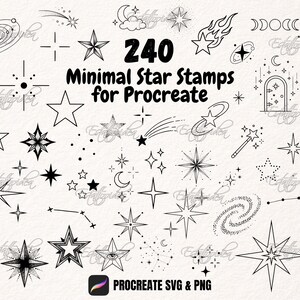Może przedstawiać: Kolekcja 240 minimalistycznych stempli gwiazd dla Procreate w formatach SVG i PNG. Czarno-białe ilustracje obejmują różne wzory gwiazd, konstelacje i elementy niebieskie, takie jak księżyce, galaktyki i spadające gwiazdy.