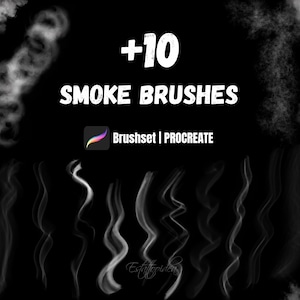 Puede incluir: Una colección digital de 10 pinceles de humo para Procreate, con patrones de humo blanco difuso y estelas verticales sobre un fondo negro. El texto dice +10 SMOKE BRUSHES y Brushset | PROCREATE con un icono de pincel colorido.