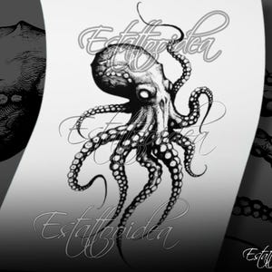 May include: Black and white illustration of an octopus with tentacles extending in different directions. The octopus has a detailed, textured body and large, round eyes.