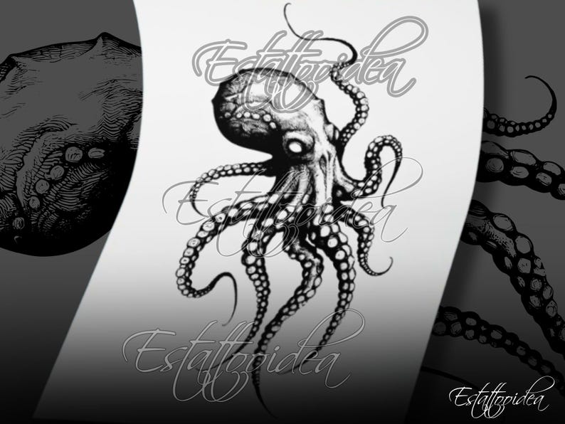 May include: Black and white illustration of an octopus with tentacles extending in different directions. The octopus has a detailed, textured body and large, round eyes.