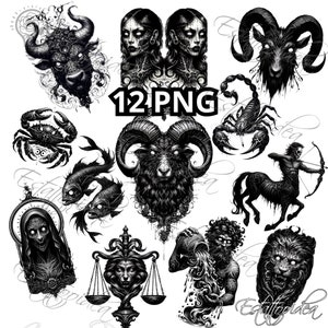 Set 12 Zodiac Signs tattoos | Astrological symbols tattoo | Dark Tattoo Design | Zodiac symbol | Zodiac tattoos | Clipart | Horoscope tattoo