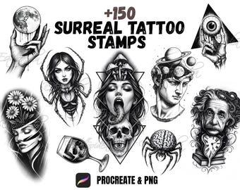Puede incluir: Una colección de ilustraciones digitales en blanco y negro etiquetadas +150 SURREAL TATTOO STAMPS, que incluye una mano sosteniendo una luna, una mujer araña, un rostro con hongos y una calavera, un busto con planetas y Albert Einstein.