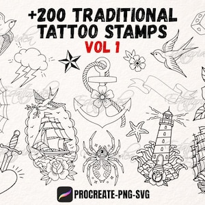 May include: A collection of black and white line art tattoo stamps featuring the text +200 TRADITIONAL TATTOO STAMPS VOL 1 and PROCREATE-PNG-SVG. Designs include swallows, a spider, a lighthouse, ships, an anchor, a rose, and dice.