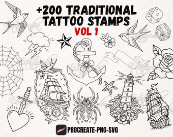 Old School Tattoo Flash Procreate Stamps | 240 Classic Tattoo Designs | Flash Sheets Pack