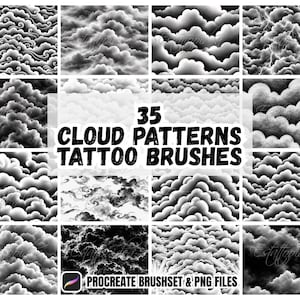 Puede incluir: Una colección de 35 patrones de nubes en blanco y negro para pinceles de tatuaje, mostrados en una cuadrícula. El texto 35 CLOUD PATTERNS TATTOO BRUSHES está centrado, con PROCREATE BRUSHSET & PNG FILES abajo junto a un icono de Procreate.