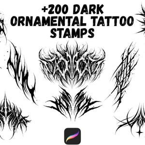 226 pinceaux Procreate pour tatouages ornementaux sombres | Tampons Blackwork brutaux | Flash gothique piquant | Pochoirs et outils néo-tribal