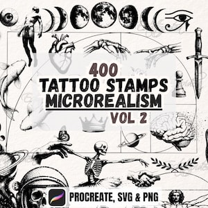 Puede incluir: Una colección de 400 sellos de tatuajes de microrealismo, con diversas ilustraciones como corazones anatómicos, manos, peces koi y cuerpos celestes. El texto "400 TATTOO STAMPS MICROREALISM VOL 2" se muestra de forma destacada.