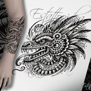 May include: Black and white tattoo design of a detailed, stylized dragon head with intricate patterns and feathers. The design is drawn on a white background.