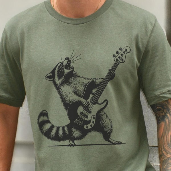 Funny Racoon Bass Guitar T-Shirt: Gift for Guitar Player