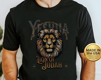 May include: Black t-shirt with a lion graphic and the text "Lion of Judah" and "Yeshua" with a scripture reference. The shirt also has the text "EST. 8" and "Made in the USA".