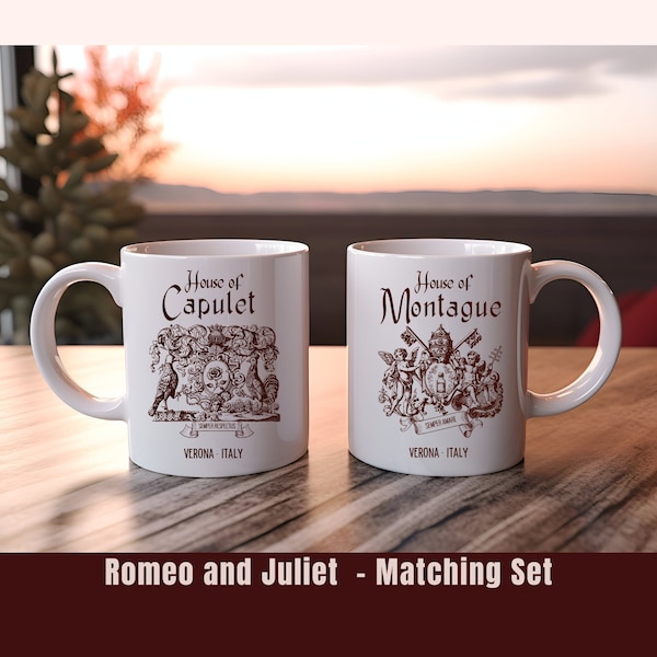 Romeo and Juliette Coffee Mug Set House of Capulet House of Montague literary gift for English teacher book lover Shakespeare gift theatre