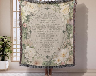 Lord’s Prayer Woven Throw Blanket Housewarming Gift Christian Home decor Bible Verse Blanket Pastors Wife Gift white floral woven tapestry