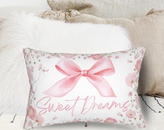 Cottagecore decor pink Throw Pillow College Dorm Room Girls Coquette Bedding floral aesthetic room decor Preppy room decor Coquette Bows