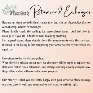 May include: Text explaining the shop's return and exchange policy. It states that items are individually made to order and returns or exchanges are not accepted. Exceptions are made for mistakes on the shop's part, where a replacement or full refund will be offered. The shop encourages customers to contact them directly with any issues.
