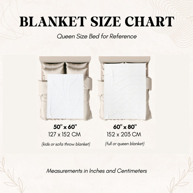 May include: A chart showing the different sizes of blankets, with a queen-sized bed for reference. The chart shows two sizes: 50" x 60" (127 x 152 cm) and 60" x 80" (152 x 203 cm). The chart also includes the description of each size, such as "kids or sofa throw blanket" and "full or queen blanket".