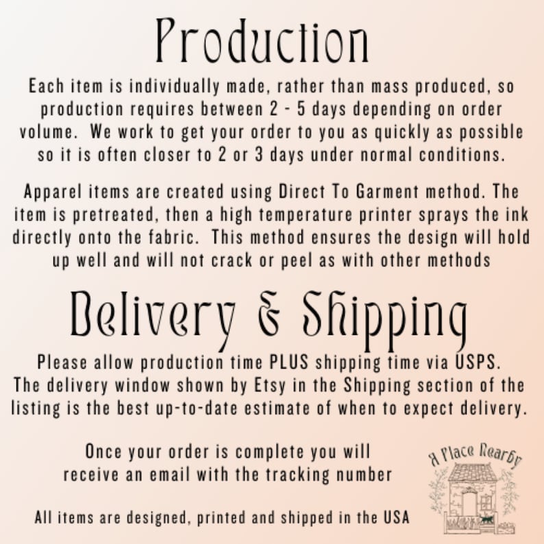 May include: Text on a white background with the words "Production", "Delivery & Shipping", and "A Place Rearby". The text describes the production process and shipping information for items sold on Etsy.