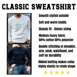 May include: A white and a black sweatshirt with a crew neck and long sleeves. Both sweatshirts feature the text "I can't trust I know a guy" in black. The white sweatshirt is worn by a person with short brown hair and a beard. The black sweatshirt is worn by a person with short brown hair. Both sweatshirts are on a white background.