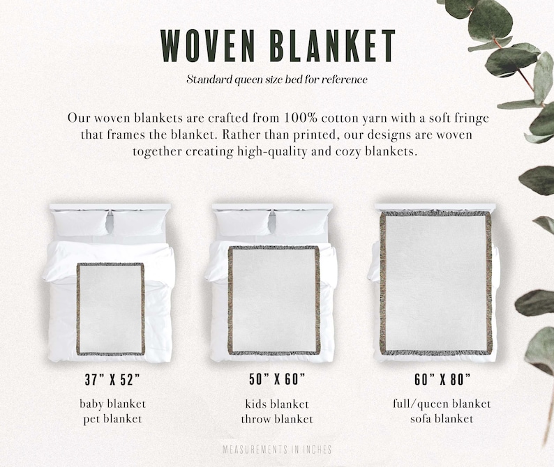 May include: Three woven blankets of different sizes are shown on a white background. The blankets are made of 100% cotton yarn and have a soft fringe. The sizes are 37 inches by 52 inches, 50 inches by 60 inches, and 60 inches by 80 inches. The text "WOVEN BLANKET" is at the top of the image.