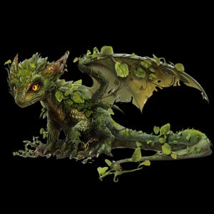 May include: A detailed illustration of a green dragon covered in leaves and vines. The dragon has yellow eyes and is set against a black background. The wings are partially visible and adorned with leaves.