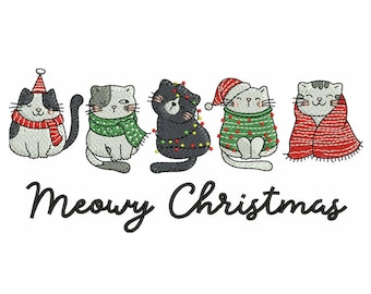 Christmas cat embroidery design, Merry Christmas embroidery machine file, 4 sizes, Instant download
