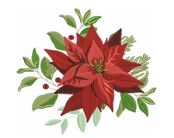 Kerst Poinsettia Borduurbestand, 4 MATEN pes, Kerst pes machine borduurwerk, Kerst borduurbestand, bloemen kerstborduurwerk