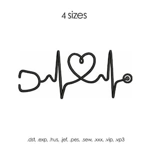 May include: Black and white embroidery design of a stethoscope with a heart beat line and a heart shape formed by the stethoscope. The design is available in four sizes and in the following formats: .dst, .exp, .hus, .jef, .pes, .sew, .xxx, .vip, .vp3.