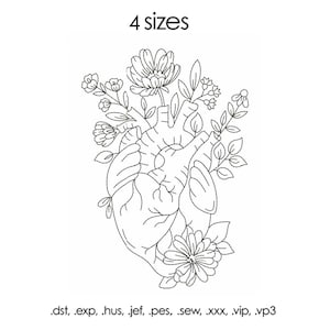 Anatomical Heart Embroidery File, 4 sizes, EKG pes, medical embroidery Floral Heart digital download nurse cardiology embroidery file