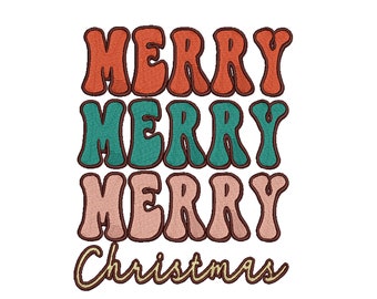 May include: A digital embroidery design featuring the text "MERRY" repeated three times in a retro font style. The text is in shades of orange, teal, and pink. The word "Christmas" is written in a gold cursive font below the "MERRY" text. The design is available in four sizes.