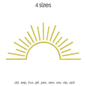 May include: A yellow sunburst design with 4 sizes available in embroidery file formats: .dst, .exp, .hus, .jef, .pes, .sew, .xxx, .vip, .vp3.