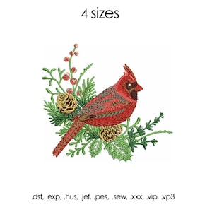 Stickdatei Weihnachten, Christmas Cardinal Embroidery Design, 4 Größen, digitaler Download Vogel auf Zweigen pes