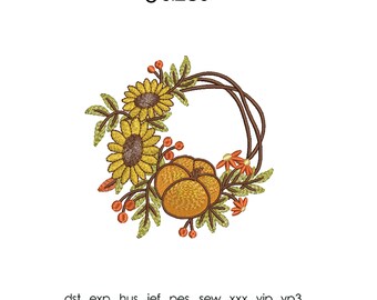 Floral Pumpkin Wreath embroidery file, machine embroidery, 8 SIZES, Thanksgiving embroidery file, cute autumn embroidery file